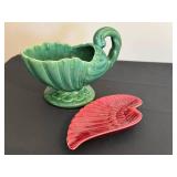 BR - Red Wing Leaf Dish & Haeger Green Shell Bowl - Vintage Pottery Pair