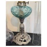 BR - Two Vintage Glass Oil Lamps with Extra Hurricane Shade - Tallest 22.5 inches