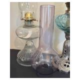 BR - Two Vintage Glass Oil Lamps with Extra Hurricane Shade - Tallest 22.5 inches