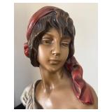 DR - Ceramic Bust - 16.5 in H, Woman with Red Headscarf, Unmarked