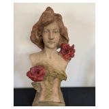DR - Friedrich Goldscheider Art Nouveau Terracotta Bust - Polychrome with Red Roses