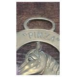 2 brass racing horse themed medallions