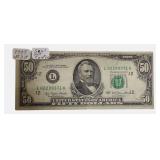 1977 - Cut Off: $50 Federal Reserve Note with an off-center seal.
