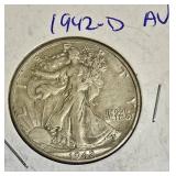 1942-D Half Dollar, graded AU (About Uncirculated).