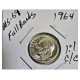 1964 Dime, graded MS-69 with Full Bands, minor color/contrast variation.