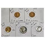 Mix of coins: 1963 quarter, 1961 dime, and three pennies from 1964, 1959, and 1961, with conditions listed below.