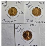 Mix of coins: 1963 quarter, 1961 dime, and three pennies from 1964, 1959, and 1961, with conditions listed below.