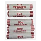 Five rolls of unsearched pennies from a bank box. Dates and mint marks are unknown.