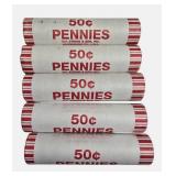 Five rolls of unsearched pennies from a bank box; dates and mint marks are unknown.