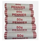 Five rolls of unsearched pennies from a bank box; dates and mint marks are unknown.