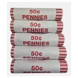 Five rolls of unsearched pennies from a bank box; dates and mint marks are unknown.