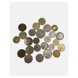 Old foreign coins from various countries around the world.