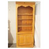 Wooden Cabinet w/ 3 shelves (wood & glass) w/door cabinet on bottom. Arched Top