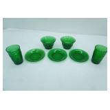 Vintage Anchor Hocking Forest Green Sandwich Pattern Glass Plates, Custard Cups, and juice glasses