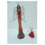Carved Wooden Angel Figurine with Metal Wings, Stained Glass & Metal Angel Figurine