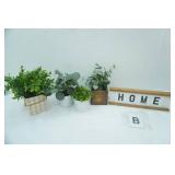 Artificial Green Plants and Vases, Wood & Metal Home Sign (with other metal letters)