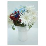 Ceramic White Buttermilk Pitcher with Artificial Flower Arrangement-Red, White, & Blue
