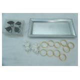 Decorative Silver Metal Rectangular Tray, napkin rings and 2 ceramic cherub ornaments
