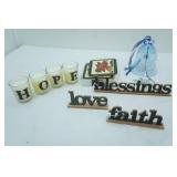 New Pimpernel Poinsettia Coasters, Votive Candles, Blue Glass Snowflake Bell, Wooden Inspirational Words