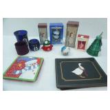 Christmas Decor Lot: Glass Mosaic Candle Holders, Hallmark Ornament, Placemats, Ceramic Plates, Polar Express Ornament & More