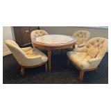 LL - Vintage Round Dining Table / Game Table Set with 4 Upholstered Tufted Chairs