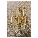 B - Pair of Crystal  Wall Sconces- Brass/Gilt Finish, Hanging Crystals
