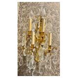 B - Pair of Crystal  Wall Sconces- Brass/Gilt Finish, Hanging Crystals