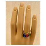 Vintage 1970s Italian 18K Gold Ring with Enamel Heart Charms