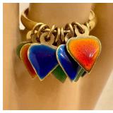 Vintage 1970s Italian 18K Gold Ring with Enamel Heart Charms