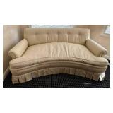 O - Vintage Curved Sofa - 66 x 36 in, Beige Fabric, Button-Tufted Back, Pleated Skirt