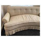 O - Vintage Curved Sofa - 66 x 36 in, Beige Fabric, Button-Tufted Back, Pleated Skirt