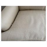 O - Vintage Curved Sofa - 66 x 36 in, Beige Fabric, Button-Tufted Back, Pleated Skirt