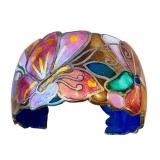 David Kuo Enamel Bracelet Signed - Multicolor Cloisonné Floral Butterfly Cuff