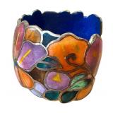 David Kuo Enamel Bracelet Signed - Multicolor Cloisonné Floral Butterfly Cuff