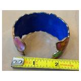 David Kuo Enamel Bracelet Signed - Multicolor Cloisonné Floral Butterfly Cuff