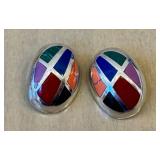 Vintage Sterling Silver Inlay Earrings - Malachite, Coral, Carnelian & Lapis