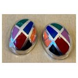 Vintage Sterling Silver Inlay Earrings - Malachite, Coral, Carnelian & Lapis