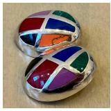 Vintage Sterling Silver Inlay Earrings - Malachite, Coral, Carnelian & Lapis