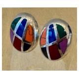 Vintage Sterling Silver Inlay Earrings - Malachite, Coral, Carnelian & Lapis