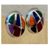 Vintage Sterling Silver Inlay Earrings - Malachite, Coral, Carnelian & Lapis