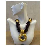 Garnet Bead Necklace - Multi-Strand (6-Strand) 15in with Gold-Tone Pendant