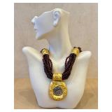 Garnet Bead Necklace - Multi-Strand (6-Strand) 15in with Gold-Tone Pendant