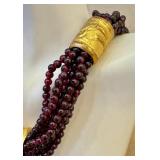 Garnet Bead Necklace - Multi-Strand (6-Strand) 15in with Gold-Tone Pendant