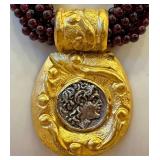 Garnet Bead Necklace - Multi-Strand (6-Strand) 15in with Gold-Tone Pendant