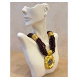 Garnet Bead Necklace - Multi-Strand (6-Strand) 15in with Gold-Tone Pendant