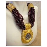 Garnet Bead Necklace - Multi-Strand (6-Strand) 15in with Gold-Tone Pendant