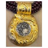 Garnet Bead Necklace - Multi-Strand (6-Strand) 15in with Gold-Tone Pendant