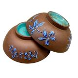 K - Pair of 19th-Century Brown Porcelain Bowls With Blue Enamel Floral Interior