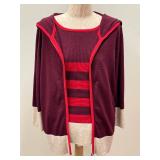 Escada Sport Vintage Two-Piece Set - Size L Burgundy & Red Striped Knit Top & Hooded Cardigan