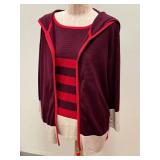 Escada Sport Vintage Two-Piece Set - Size L Burgundy & Red Striped Knit Top & Hooded Cardigan